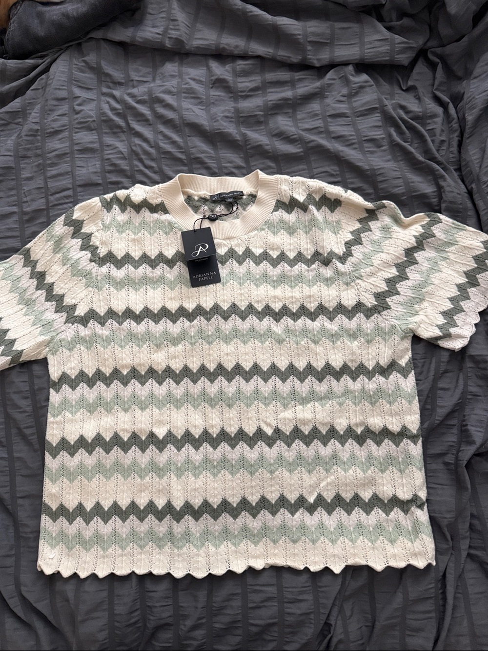 Adrianna Papell Cream and Sage Zigzag Knit Short Sleeve Top
